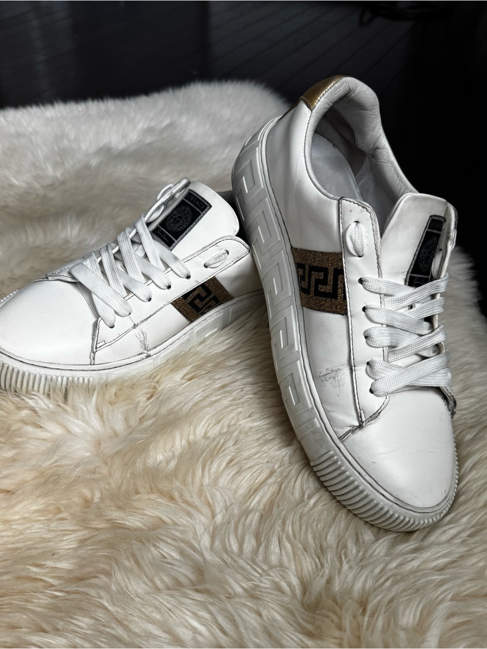 White Leather Men's Sneakers with Gold Accent